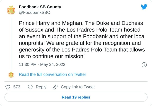 Prince Harry and Meghan, The Duke and Duchess of Sussex and The Los Padres Polo Team hosted an event in support of the Foodbank and other local nonprofits! We are grateful for the recognition and generosity of the Los Padres Polo Team that allows us to continue our mission! — Foodbank SB County (@FoodbankSBC) May 24, 2022