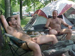 homoeroticusrex:  Naked (and near naked) camping. Enjoying the great outdoors with your buds!