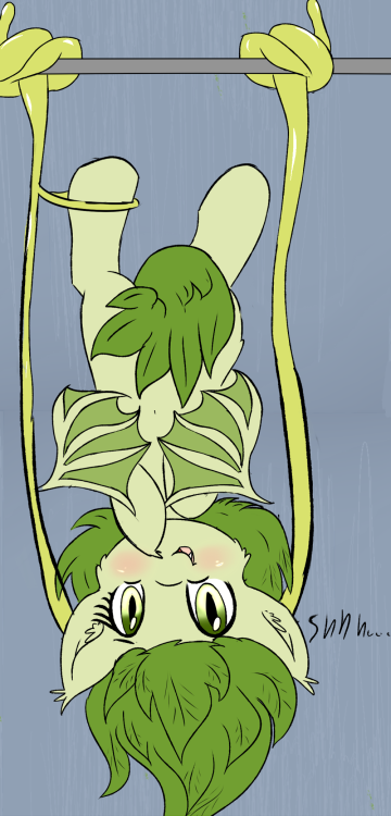 askflowertheplantponi:but yeeh, my tail did hurt so i used these weird things i do got in that plantbat form and somehow i can hang like her xP *highres*  cuz tumblr screwing up quality.x3! Hee, sillyplantponer~ :3