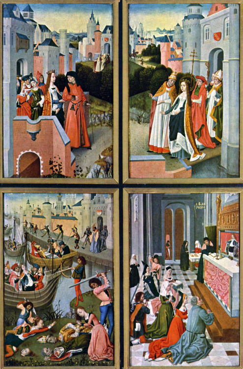 Three panels from a polyptych depicting scenes from the life of Saint Ursula painted for the convent