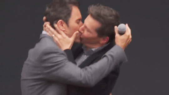 veganvenom: Sean Hayes kisses Eric McCormack during the ribbon cutting ceremony for the revival, aft