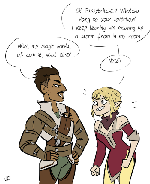 asparklethatisblue:Dorian uses his magically warmed up hands to help Bull with his old injuries, and