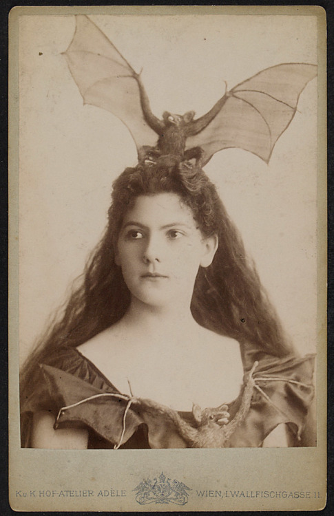 hauntedbystorytelling:  Marie Schleinzer in bat costume  Adele K.u.K Hof-Atelier, Wien :: Marie Schleinzer. Role Portrait. Photograph on cardboard, SW. | src and © Theatermuseum, Wien 