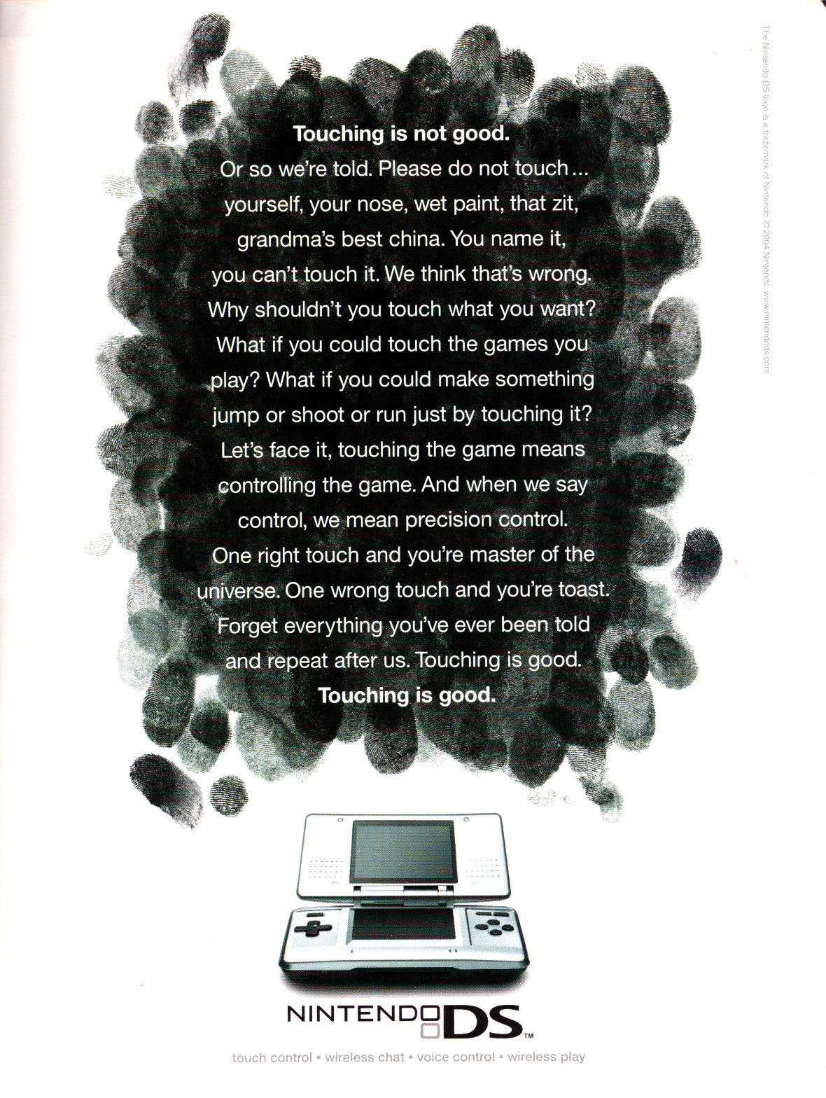 ‘Nintendo DS - ‘Touching is Good’’[DS] [USA] [MAGAZINE] [2005]
• GamePro, January 2005 (#196)
• Nintendo wants you to rebel against the fascist notion of not being allowed to touch things; such is the core philosophy of the Nintendo “Dual Screen” DS.