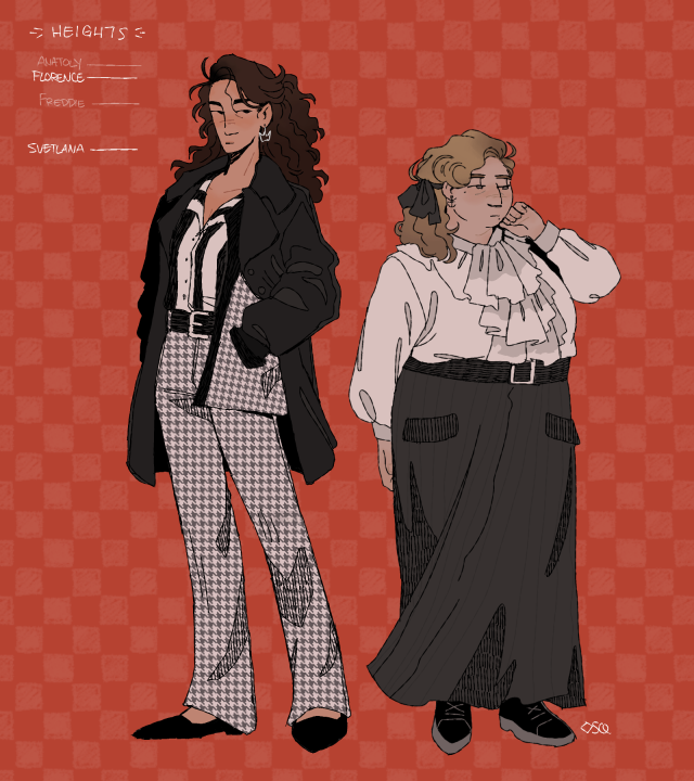 A drawing of Florence and Svetlana from Chess the Musical. Florence is wearing a houndstooth pantsuit with a black and white striped button up underneath, and an open black coat over it. Svetlana is wearing a white blouse with ruffles at the front and a long black skirt with a belt and two pockets. On the top-left corner is handwriting noting down a height chart for the main cast of Chess, listing them from tallest to shortest: Anatoly, Florence, Freddie, and Svetlana. The background is red with a faint white checkerboard pattern.