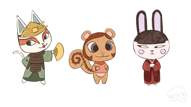 A digital drawing of Suki, Ty Lee, and Mai, drawn in the style of Animal Crossing animals. Suki is a cat, Ty Lee is a squirrel, and Mai is a rabbit.