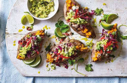 Baked sweet potatoes with tuna salsa