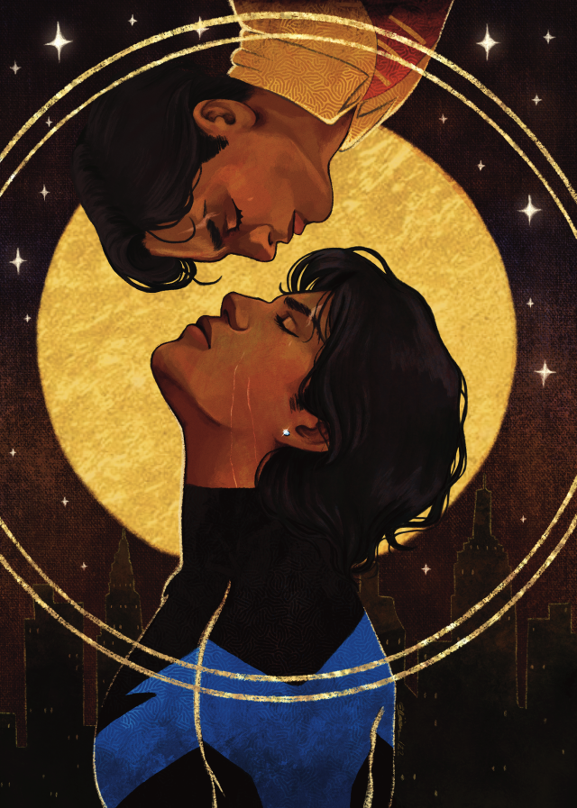 a gold foil print of Dick Grayson as Nightwing and as Robin