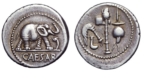 archaicwonder:The famous ‘Elephant Denarius’ of Julius Caesar, struck in a traveling mint, c. 49-48 