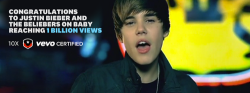  Justin has made history again! Yesterday, Justin’s third single “Baby” reached a billion views of a music video on Vevo. That achievement has only been accomplished by Justin in the music industry, and he’s only nineteen! This is not Justin’s