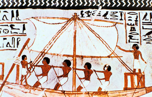 Boatmen on the Nile, wall painting from the tomb of Sennefer (TT96).Reign of Amenhotep II.New Kingdo