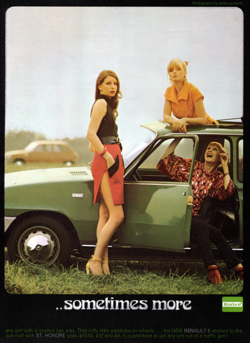 Advertisement feature for Renault and St. Honore, Cosmopolitan, November 1972Photography by Anthony 