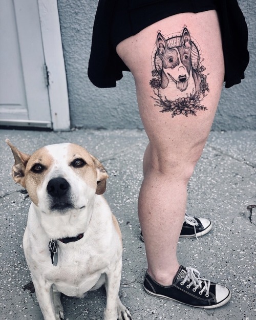 A tattoo of April, the bull terrier, for Erin. Some people thought the tattoo drawing was of Django 