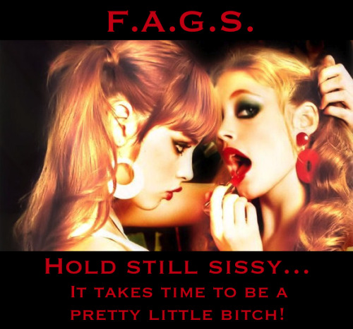 kinkycouple1215: faggotryandgendersissification: Hold still sissy…. It takes times to be a pr