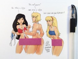 callmepo:  Follow up tiny-doodle to this post.Wonder Woman and Power Girl are ok with a little nudity. Supergirl? Not so much.I heard that a certain someone issued a call for patriotic bikini images for the 4th of July - I thought I would throw one out