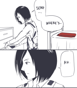 persnickety-doodles:  I always wonder what happens every time Mikasa gets her scarf cleaned. 