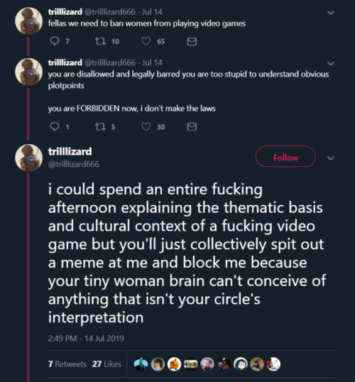 bigprettygothgf: bigprettygothgf: remember how trilllizard used to get really mad when people called him an incel? well at least he isn’t trying to deny it anymore females say thing me no like about me bideo gaem. female should be no allowed from bideo