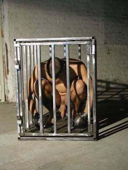 fuckyeahgayslaves:  Slave talked back to its Master, so he confined it to its cage for the night so it could think about its attitude.