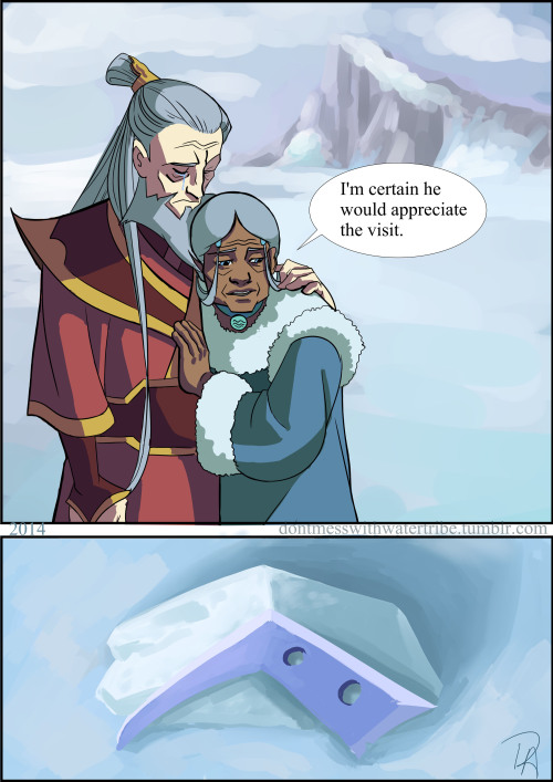 dontmesswithwatertribe:  Zutara Week 2014, Day 1, Melancholy I always imagined that when Zuko came to visit the south pole in the twilight years, him and Katara would make a trip to visit Sokka. Bro’s for life and after. 