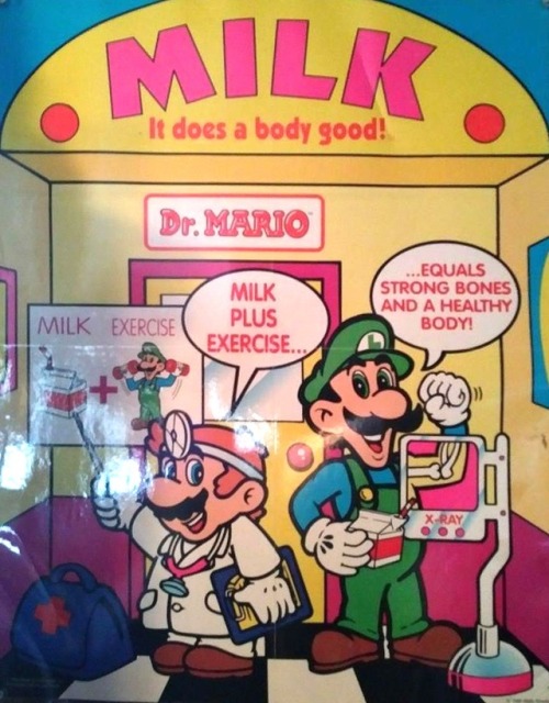 suppermariobroth:Officially licensed 1990 health poster promoting milk and exercise, featuring Dr. M