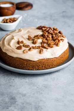 sweetoothgirl:  Gluten-Free Pumpkin Cake with Salted Caramel Frosting