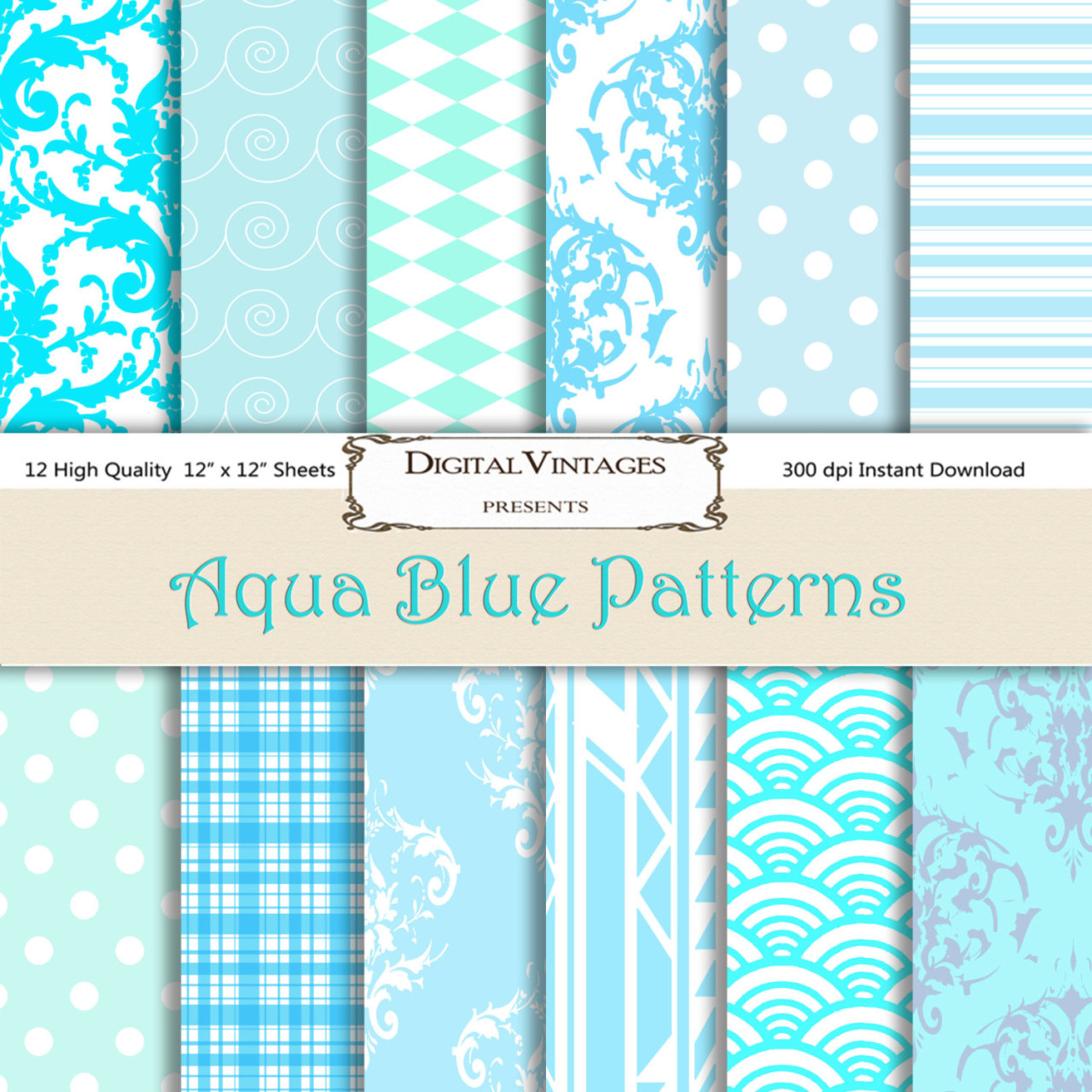 Blue Digital Paper, Aqua, Baby Blue, Pattern, Digital Paper pack, Patterned Digital Paper, white, damask, scallop, plaid, polka dots