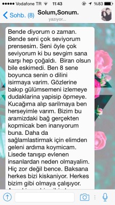 havuclumuffiinn:  17 Ekim benim doğum günüm, ama bugün doğum günüm değil, sevgililer günü değil, çıkma tarihimiz değil. Sevgilim bana sürekli böyle sürprizler yaparak beni mutlu ediyor. Her sabah uyandığımda böyle uzun mesajlarla