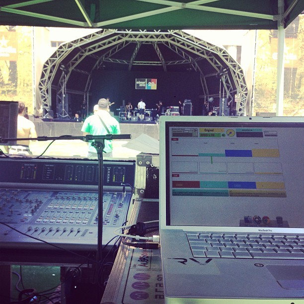 At the sound table recording the first set of the morning…and sending it to the sofa.