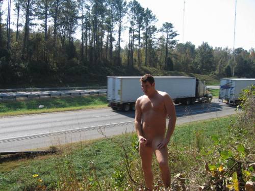 nakedism:  ilovenakedjason:  Hot Exhibitionist by Busy highway  Ballsy.