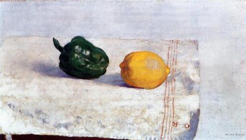 artist-redon:Pepper and Lemon on a White Tablecloth, 1901, Odilon RedonMedium: oil on canvas