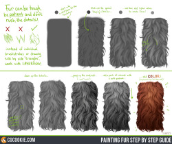 art-res:  cgcookie:  Painting Fur Step by Step Guide Artist: Tim Von Rueden (vonn) Fur can be tough, so be patient and don’t rush the details. If you really analyze the movement and shaping of fur, you can see how intricate and fluid it can be. So instead