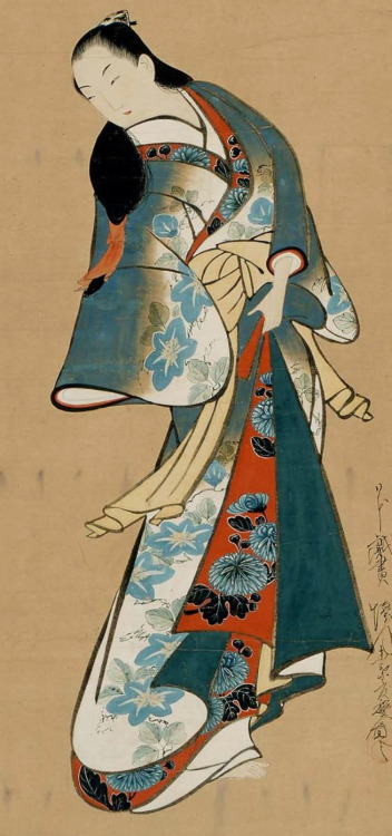 Standing courtesan. Hanging scroll; ink and color on paper, 1704-1716, Japan by artist Kaigetsudo Do