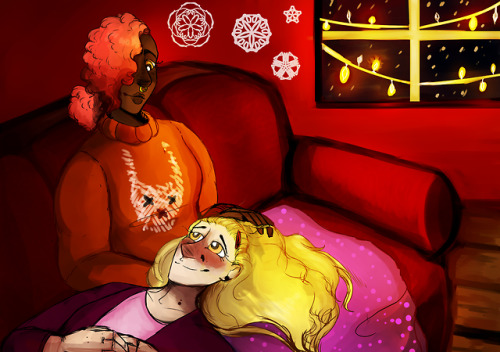 selkie-elf: [Id: Drawing of Aubrey Little and Dani. Aubrey is dark skinned woman  with orange p