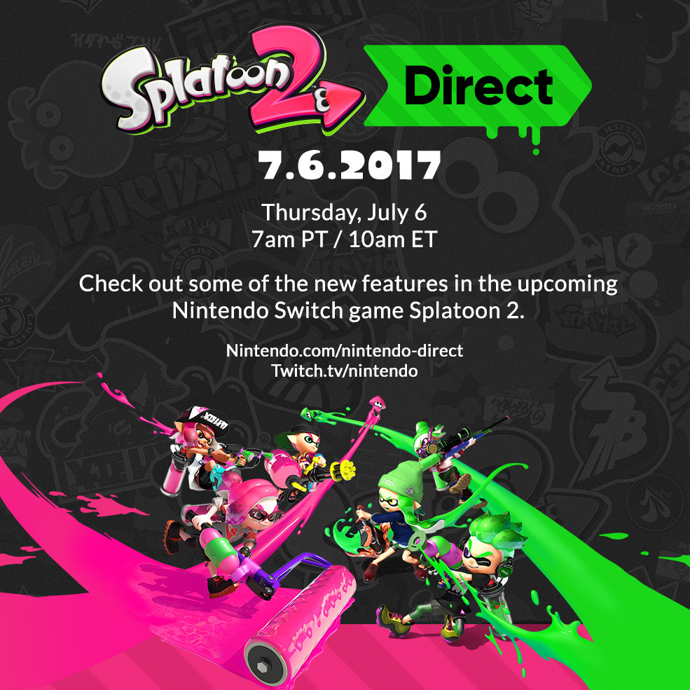 Spla-tune in tomorrow at 7am PT/10am ET for the Splatoon 2 Nintendo Direct! Get refreshed on all the new features coming to the Nintendo Switch exclusive.
http://www.nintendo.com/nintendo-direct
