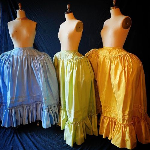 Lovely bespoke silk 18th c. Petticoats in delicious colors, just a few of the handful we made for Gl