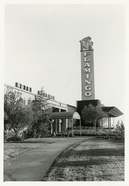 vintagelasvegas:  The Flamingo Hotel, 1947 with it’s second sign. The resort flopped when Ben “Bugsy” Siegel opened December 26, 1946. Siegel reopened the resort on March 1947 and was shot and killed June 1947.  Within minutes of the shooting,