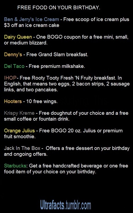 discofountain:  ultrafacts:  sublimehippie:  ultrafacts:  Want more life hacks/facts posted daily? Follow the Ultrafacts blog!  Of course my birthday just passed. DAMN IT    you can make a day of eating free on your brithday