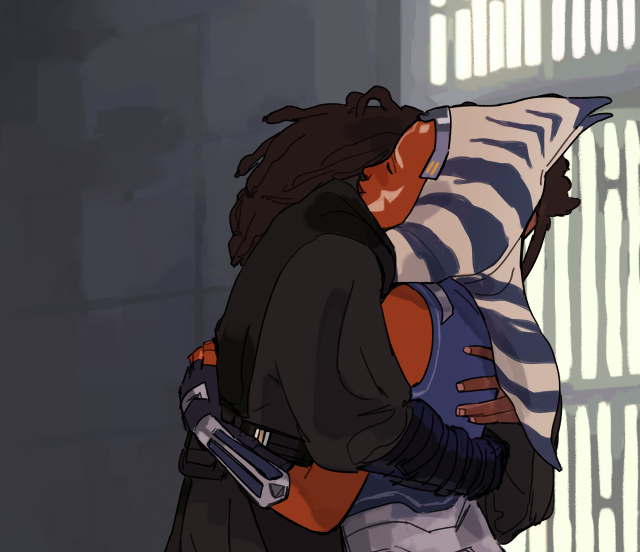 It’s a drawing of Ahsoka Tano and Anakin Skywalker in a Venator’s hangar. The background is a very simple grey wall with lights to the right of the frame. Anakin and Ahsoka are hugging—Anakin is leaning over her with his arms wrapped around her back, and Ahsoka has a visible hand on his. Anakin’s face is only partially visible, though it’s clear that his skin is brown and his locs are dark brown. He wears his usual Jedi robes. Ahsoka is wearing her outfit from the Siege of Mandalore and her face is visible, showing a smile on her lips. 