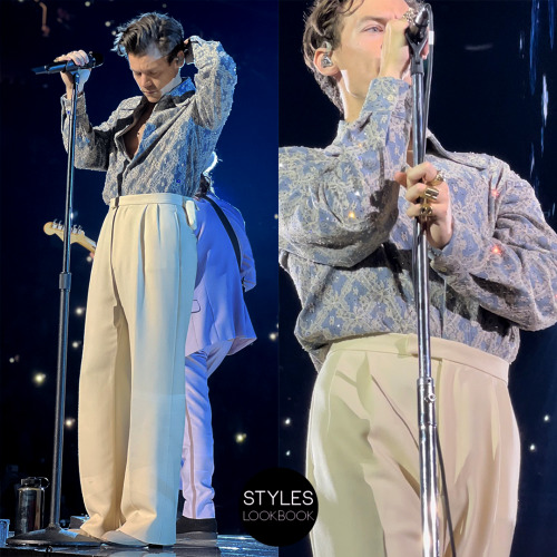 For his Love On Tour show in Houston, Harry wore a custom Gucci look featuring a blue diagonal grid 