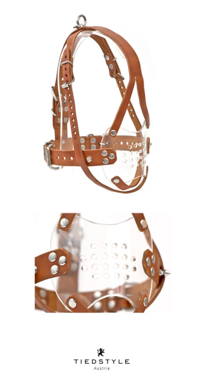 Used look muzzle gag harness handcrafted by TIEDSTYLETransparent front panel is perforated to create