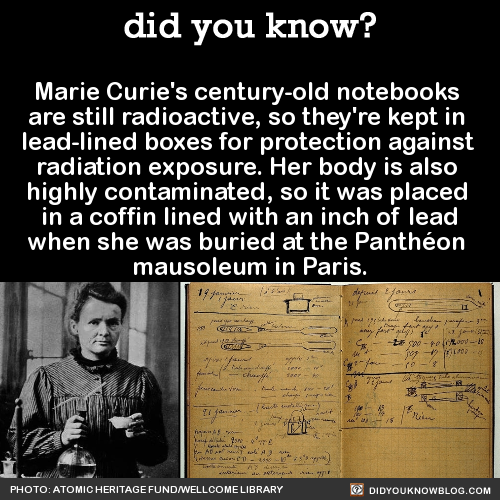 did-you-kno: Marie Curie’s century-old notebooks  are still radioactive, so they’re kept in  lead-lined boxes for protection against  radiation exposure.   Photo via: Wellcome Library, London   Anyone wishing to handle her notebooks, personal effects,