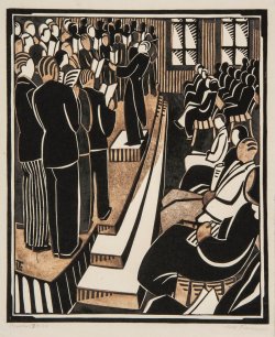 blastedheath:  Lill Tschudi (Swiss, 1911-2004), Concert I, 1938. Linocut printed in colours on Japan paper, 318 x 266 mm, numbered 4/50.  Cornrows were super popular back in&hellip;&hellip;. 1938. Also, I want a coat like the Maestro has.