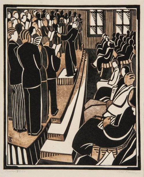 blastedheath:  Lill Tschudi (Swiss, 1911-2004), Concert I, 1938. Linocut printed in colours on Japan paper, 318 x 266 mm, numbered 4/50.  Cornrows were super popular back in……. 1938. Also, I want a coat like the Maestro has.