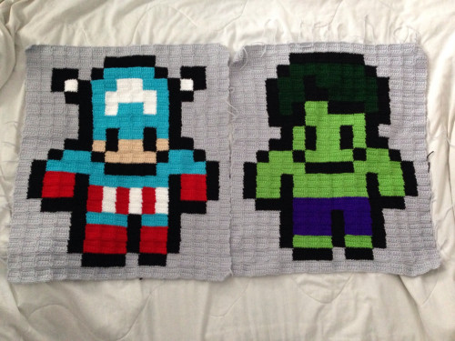 crochetmelovely: onceuponacrochet: Cute pixelated ironman, captain america, and hulk! Imagine making