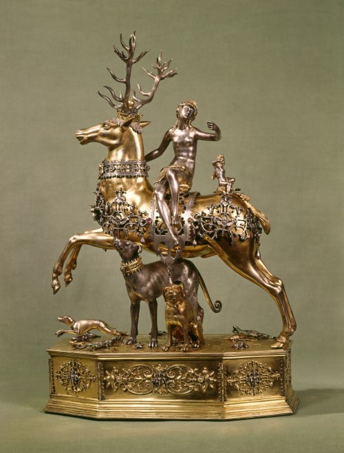 hismarmorealcalm:Automaton with Diana on a Stag  Workshop of Joachim Fries circa 1620-1635 Gilt on s