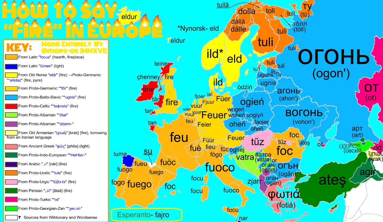 maps-oe:
“ How to Say ‘Fire’ in Europe, with Etymology Requested by @ my mom
”