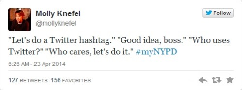 hoomie:  lifeisliterallylimited:  NYPD twitter campaign implodes, flooded with photos of police abuse Just before 2 pm EDT, the New York City Police Department called via Twitter for photos of citizens with its officers. Almost immediately the campaign