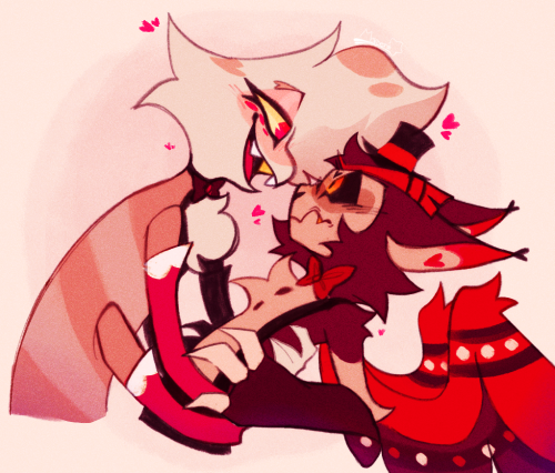 A drawing of Angel Dust pulling Husk in with all four arms, looking at him lovingly. He is smiling with his mouth open slightly and his eyes are half closed. Husk is staring back at Angel with wide eyes and a frown, seeming surprised. His ears are down and wings are splayed out. Both characters are blushing and there are small hearts surrounding them.