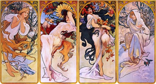 nouveau-art:Cropped print of four panels each depicting one of the four seasons personified by a wom