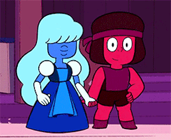 gayfandomblog:  ruby and sapphire in 3.05  - What’s going on? What are they doing? - Flirting. - Uh oh…  